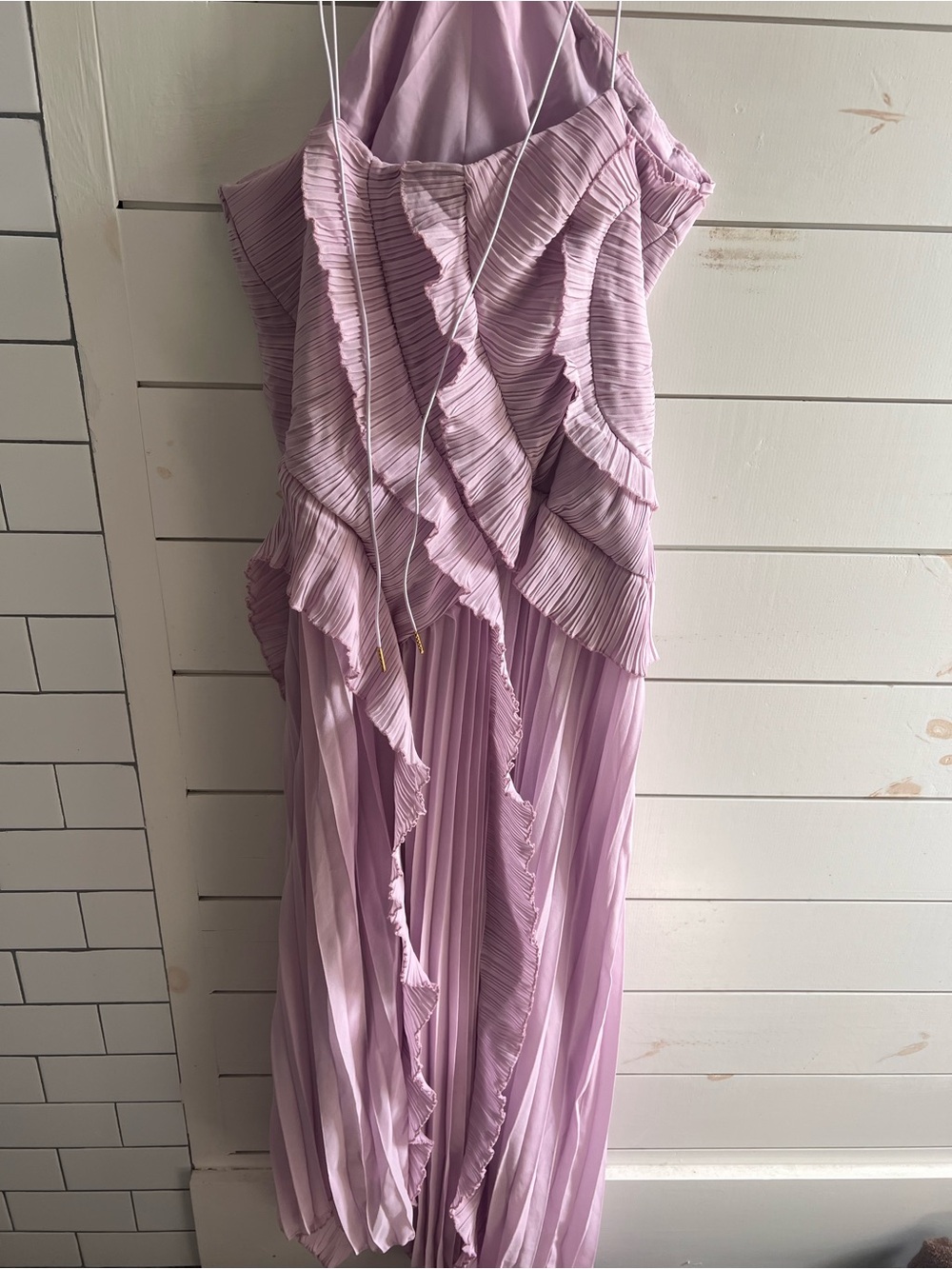 Azazie Lavender Asymmetrical Pleated Ruffle Halter Gown - Picture 7 of 9